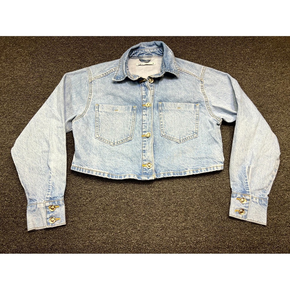 Zara Crop Trucker Jacket Womens XS Blue Denim Flap Pockets Collared Button Front